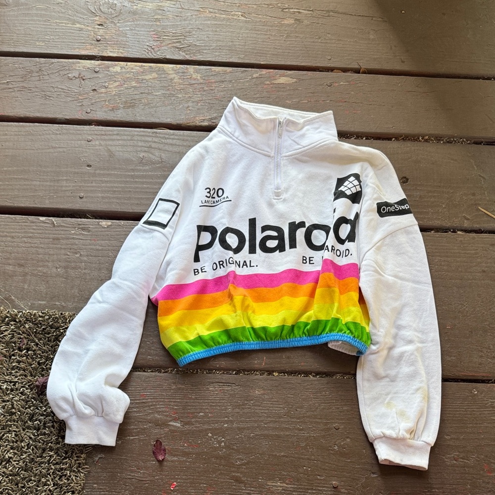 Polaroid White Crop Top with Rainbow Stripes